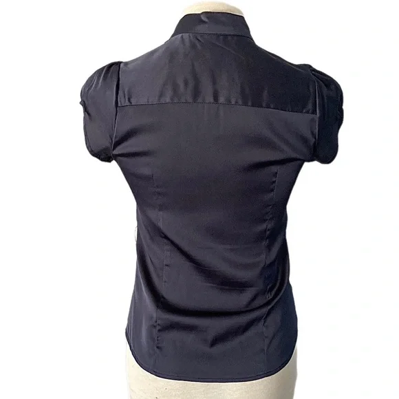 TEMT dark navy satiny puff short sleeve Blouse Ruffle front - Picture 6 of 8
